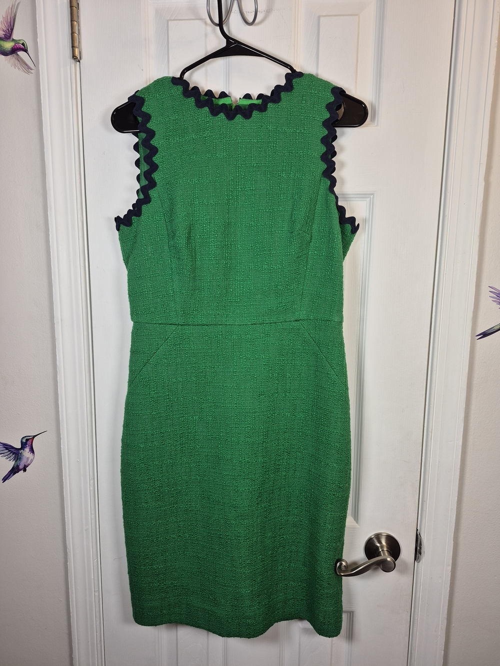 J.Crew Green Tweed Rickrack Trim Sheath Dress Size 6 Preppy Quiet Luxury Spring